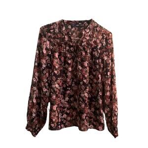 MANGO Black Floral Cottage Top Long Sleeve Print Blouse Large Peasant Burgundy
